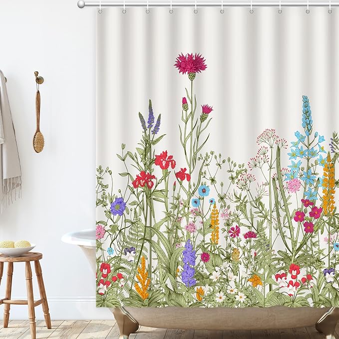 Shower Curtain Floral, Summer Shower Curtain Sage Green Flowers Plant Herbs Shower curtains for Bathroom with Hooks Waterproof Washable Farmhouse Home Decor Botanical Wildflowers Bath Curtains