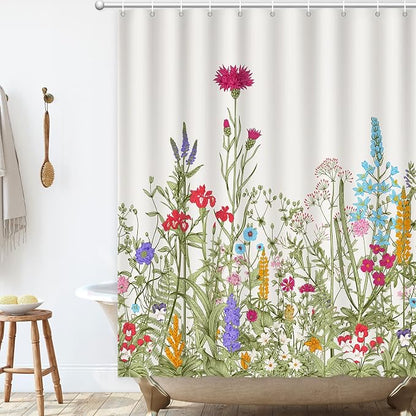 Shower Curtain Floral, Summer Shower Curtain Sage Green Flowers Plant Herbs Shower curtains for Bathroom with Hooks Waterproof Washable Farmhouse Home Decor Botanical Wildflowers Bath Curtains