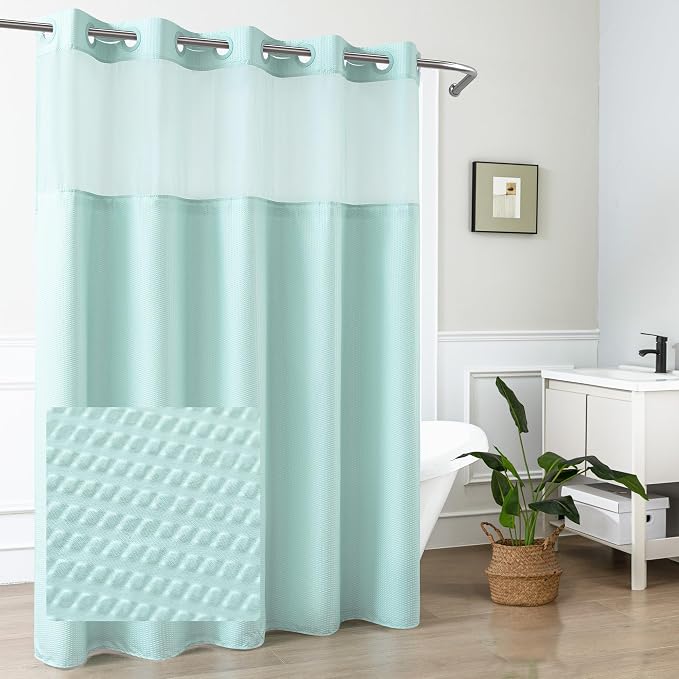 No Hook Shower Curtain with Snap-in Liner, Embossed Waffle Design Fabric Shower Curtain for Bathroom, Soft & Lightweight, 71x74, Sky Blue