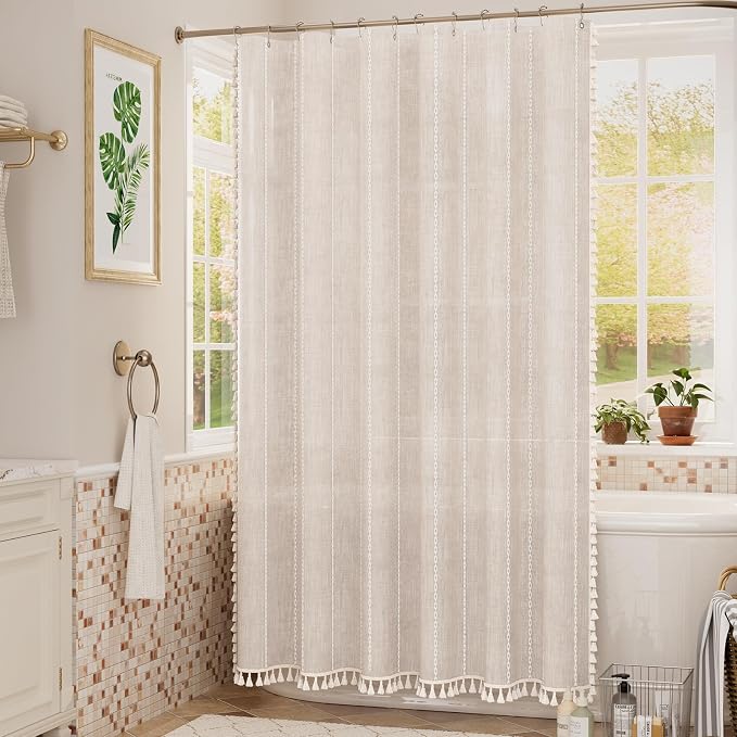 Bathway Farmhouse Shower Curtain Boho with Tassels, Linen Blend Heavy Duty Shower Curtain Set with 12 Metal Hooks, Vintage Luxury Rustic Elegant Fabric Curtain for Bathroom Window, 72x72 Inches, Beige