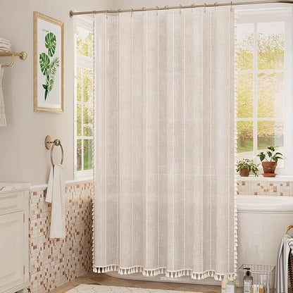 Bathway Farmhouse Shower Curtain Boho with Tassels, Linen Blend Heavy Duty Shower Curtain Set with 12 Metal Hooks, Vintage Luxury Rustic Elegant Fabric Curtain for Bathroom Window, 72x72 Inches, Beige