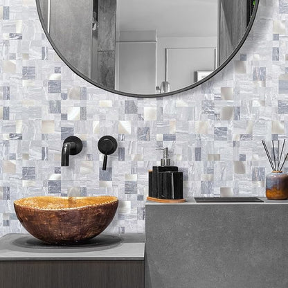 DICOFUN 1 Sheet Grey Marble Peel and Stick Tile Backsplash, Mixed Metal Silver Chips Kitchen and Bathroom Tiles, Stick on Backsplash for Stove