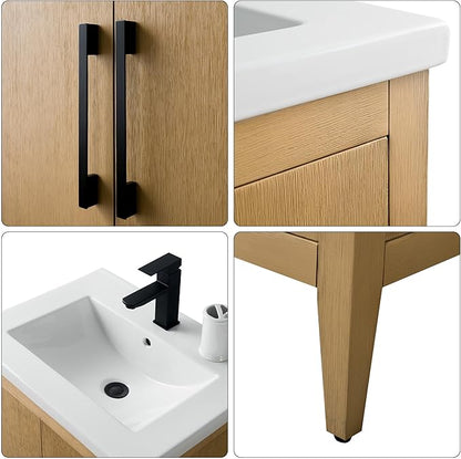 HomeBeyond 24 Inch Bathroom Vanity with Sink & Ceramic Top, Single Vanity Cabinet with Basin, Soft-Closing Doors & Matte Black Hardware, Natural Oak