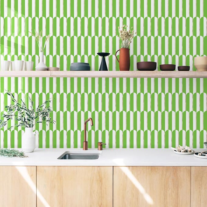 Vamos Tile Peel and Stick Backsplash Seamless Tile,Fish Scale,Matt,10-Sheet | 11.9''x10.8'',White & Grass Green PVC+Light Gold Stick on Backsplash Tile for Kitchen & Bathroom & Laundry & Camper