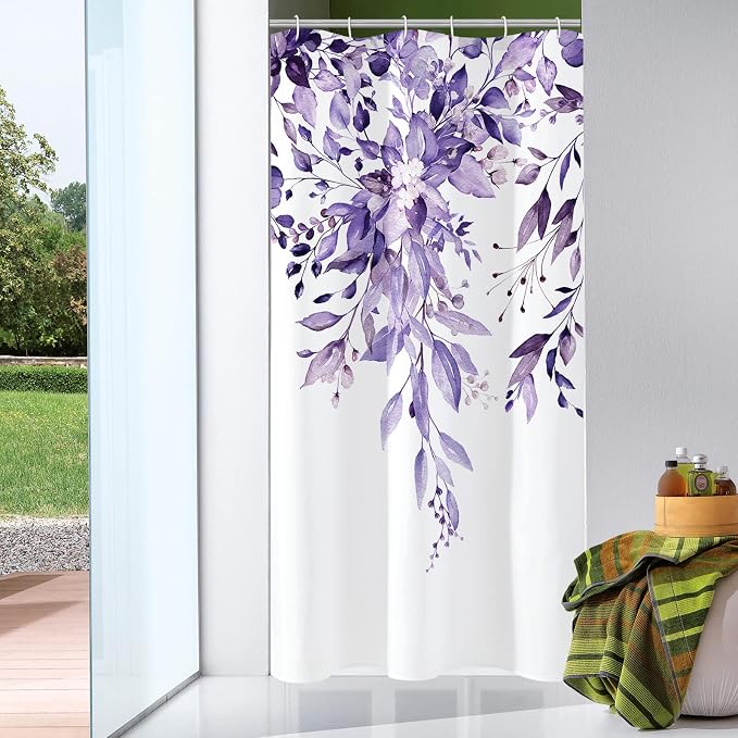 Purple Eucalyptus Shower Curtain, Watercolor Floral Print, 36x72 | Watercolor Plant Leaves Floral Print, Waterproof Fabric Bathroom Decor, Machine Washable, Rustproof Grommets
