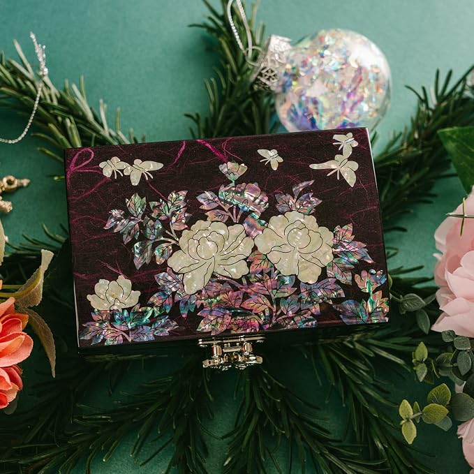 February Mountain Mother-of-Pearl Jewelry Box – Elegant Purple Lacquered Keepsake with Peony & Butterfly Design, Red Velvet Interior – Christmas, Birthday Gift, Unique Jewelry Organizer for Women