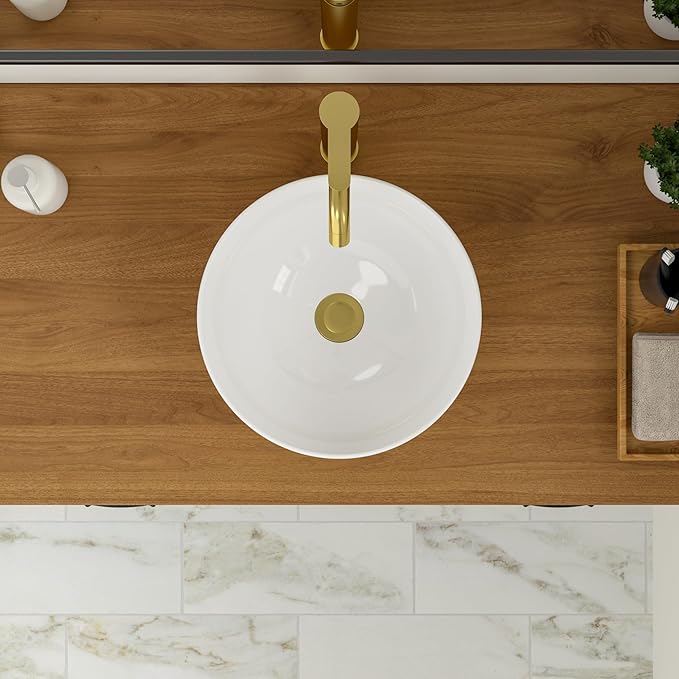 Logmey 13" Round Vessel Sink Small Bathroom Sink Modern White Vessel Sink for Bathroom RV Above Counter Porcelain Ceramic 13x13 inch Art Sink
