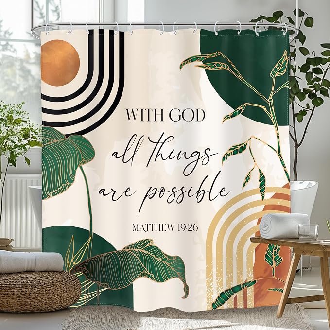 Green Boho Bible Shower Curtain Christian Scripture Bathroom Curtain Set | Verse Inspirational Quotes Abstract Tropical Palm Mid Century 60Wx72L Bathroom Decor Waterproof Fabric with Free Hooks