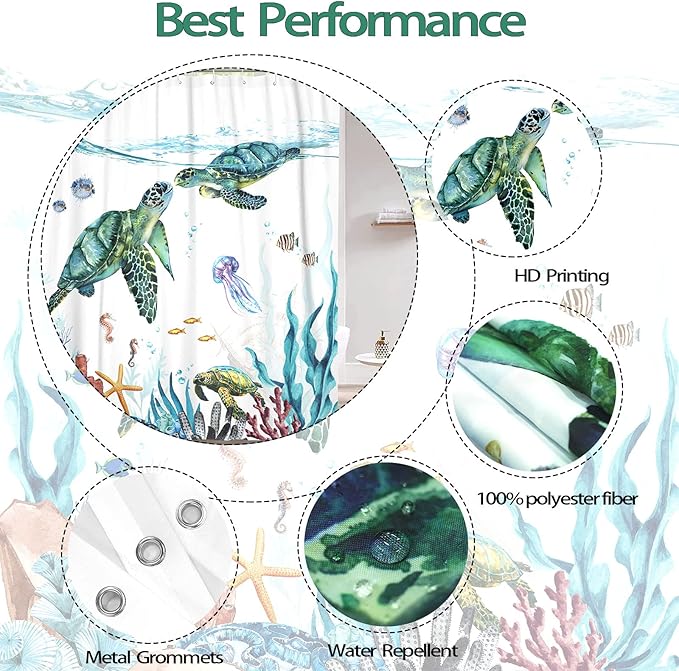 Fowocu Sea Turtle Extra Long Shower Curtain Teal Blue Ocean Waterproof Fabric Shower Curtains for Bathroom with Funny Animal Octopus Starfish Anchor Fish Nautical Bath Curtain Decor (Teal, 72''×78'')