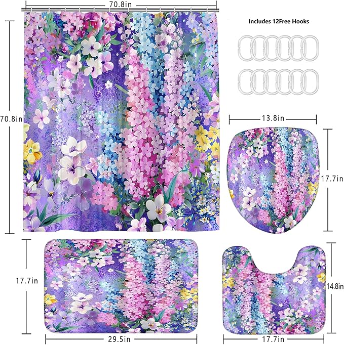 4-Piece Purple Floral Shower Curtain Cute Colorful Flower Bathroom Set with Shower Curtain and Rugs, Pretty Funky Watercolor Cloth Bath Set with Hooks for Farmhouse Home Decor