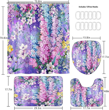 4-Piece Purple Floral Shower Curtain Cute Colorful Flower Bathroom Set with Shower Curtain and Rugs, Pretty Funky Watercolor Cloth Bath Set with Hooks for Farmhouse Home Decor