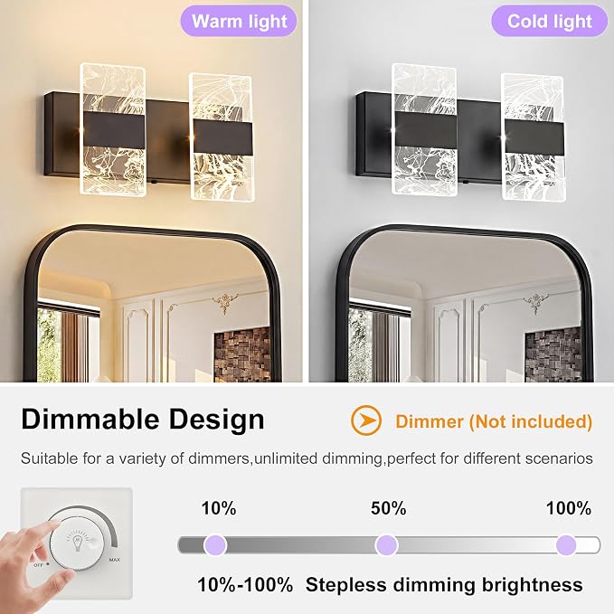 Matte Black Modern LED Bathroom 2-Light Vanity Light Over Mirror | 5CCT Adjustable Lighting, Smoked Acrylic LED Vanity Lights, Wall Sconces for Bathroom, Dimmable 6000K
