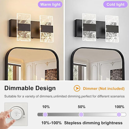 Matte Black Modern LED Bathroom 2-Light Vanity Light Over Mirror | 5CCT Adjustable Lighting, Smoked Acrylic LED Vanity Lights, Wall Sconces for Bathroom, Dimmable 6000K