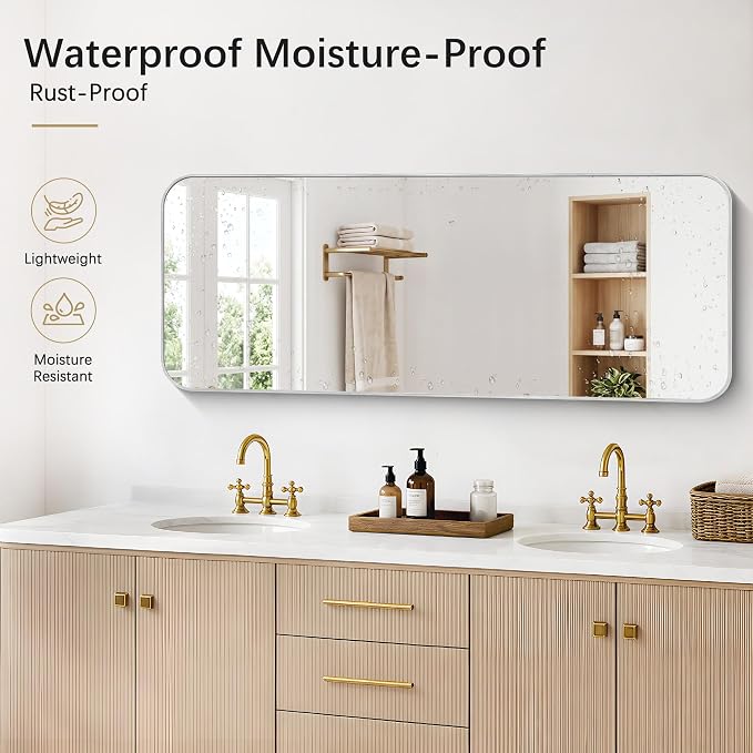 DESBING 60"x24" Bathroom Mirror for Over Sink, Silver Framed Wall Mirror | High-Definition Shatterproof Vanity Mirror with Rounded Corner for Bedroom Living Room Entryway Horizontally or Vertically