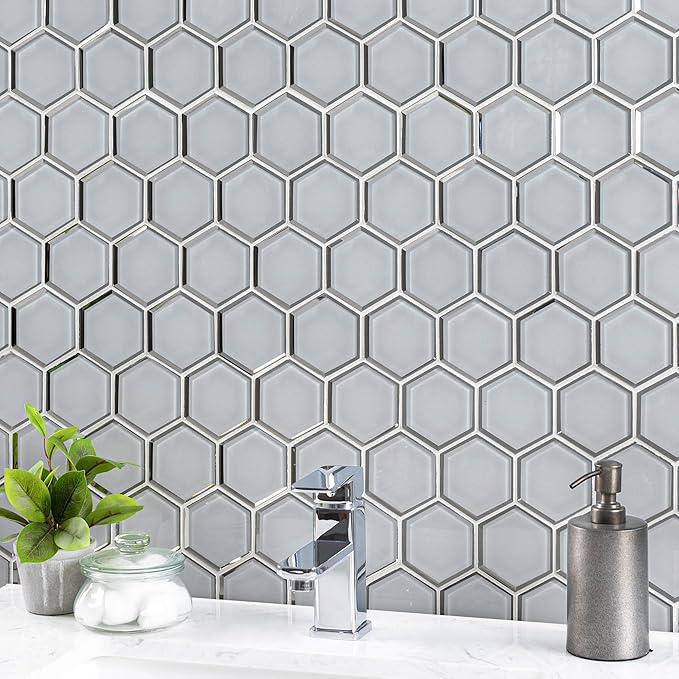 MSI Ice Hexagon Beveled Glass Mesh-Mounted Mosaic Tile for Bathroom, Kitchen Backsplash, Accent Wall Tile, and Shower Wall Tile