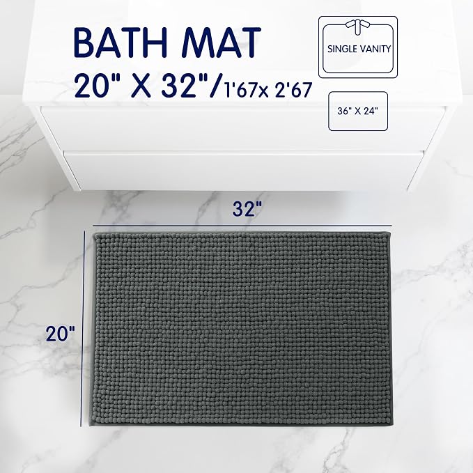 SUBRTEX Bathroom Rugs, 20" x 32" Chenille Bath Rug Soft Short Plush Bath Mat Soft Shower Mat Water Absorbent Shower Mat Quick Dry Machine Washable, Gray