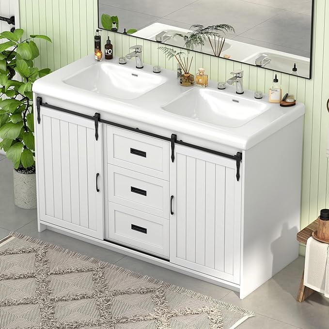 Bathroom Vanity with Double Sinks, 48" Standing Double Vanity with Drawers & Metal Handles, 2 Sink Bathroom Vanity with 4 Shelves, White
