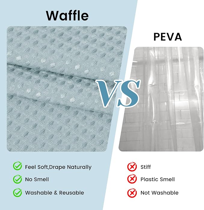 SORTTO No Hook Shower Curtain with Snap in Liner Set Waffle Shower Curtain for Bathroom Hotel Style Fabric Waterproof Inner Liner，71" W x 74" H, Fog Blue