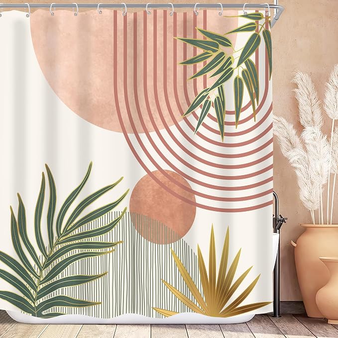 Mid Century Pink Green Boho Abstract Modern Bathroom Shower Curtain Set | 72Wx72L Orange design, waterproof HD print with fast-drying fabric and 12 hooks.
