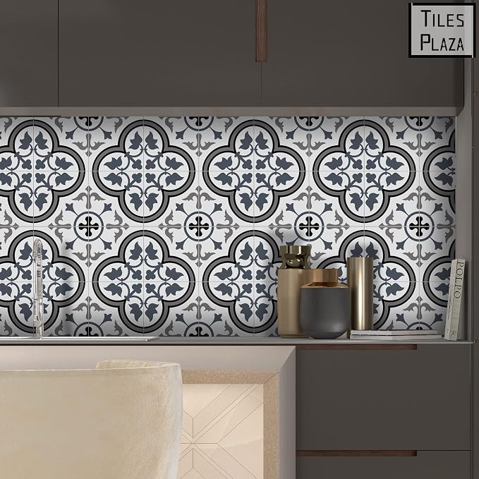 The Tiles Plaza Encaustic Peel and Stick Backsplash, Blue and White Patterned Vintage Stick on Tile, Stone Composite Self-Adhesive Wall Tile Sticker for Kitchen Bathroom Fireplace Stairs, 10 Sheets