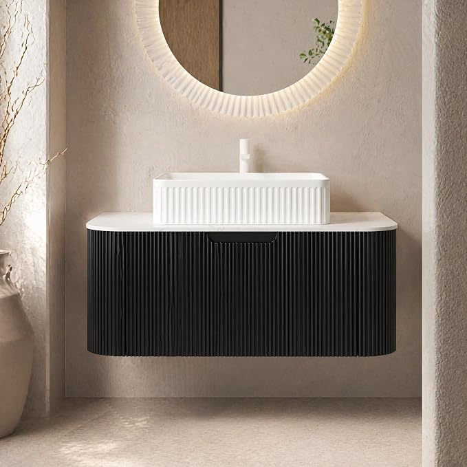 36 Inch Bathroom Vanity with Sink, Floating Wall Mounted Single Sink Vanity, Black Curved Fluted Front, Stone Top, White Textured Rectangular Vessel Basin, Pre-Assembled