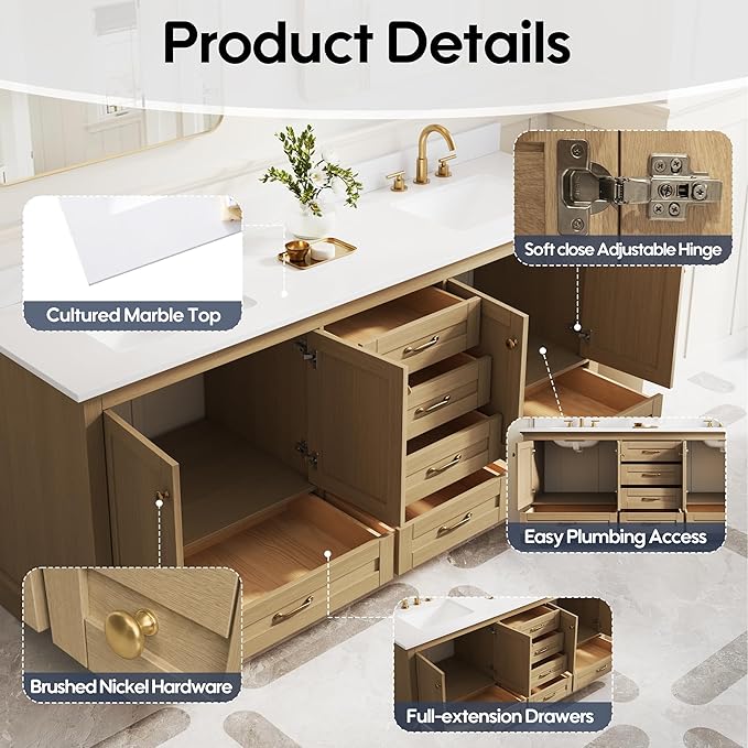 WELLFOR 80" Bathroom Vanity with Double Sinks, Bathroom Freestanding Vanity W/4 Soft-Close Doors and 6 Drawers, Large Storage Space Vanity, Cultured Marble Countertop (Oak)