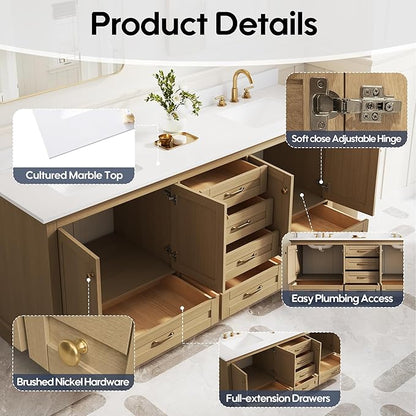 WELLFOR 80" Bathroom Vanity with Double Sinks, Bathroom Freestanding Vanity W/4 Soft-Close Doors and 6 Drawers, Large Storage Space Vanity, Cultured Marble Countertop (Oak)