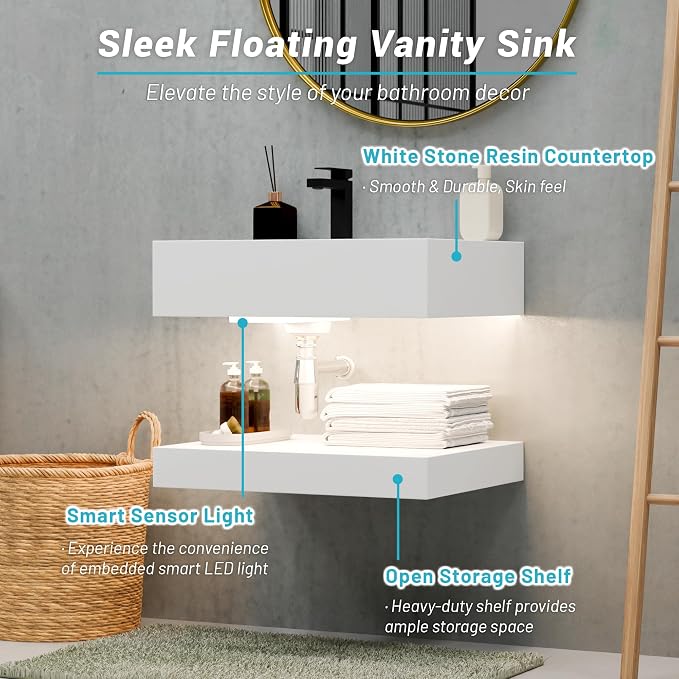 24"x19" Wall Mount Bathroom Vanity with LED Smart Sensor Light, Stone Resin Floating Vanity Sink Rectangular Vessel White Trough Art Basin with Shelf Layer