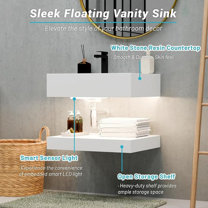 24"x19" Wall Mount Bathroom Vanity with LED Smart Sensor Light, Stone Resin Floating Vanity Sink Rectangular Vessel White Trough Art Basin with Shelf Layer