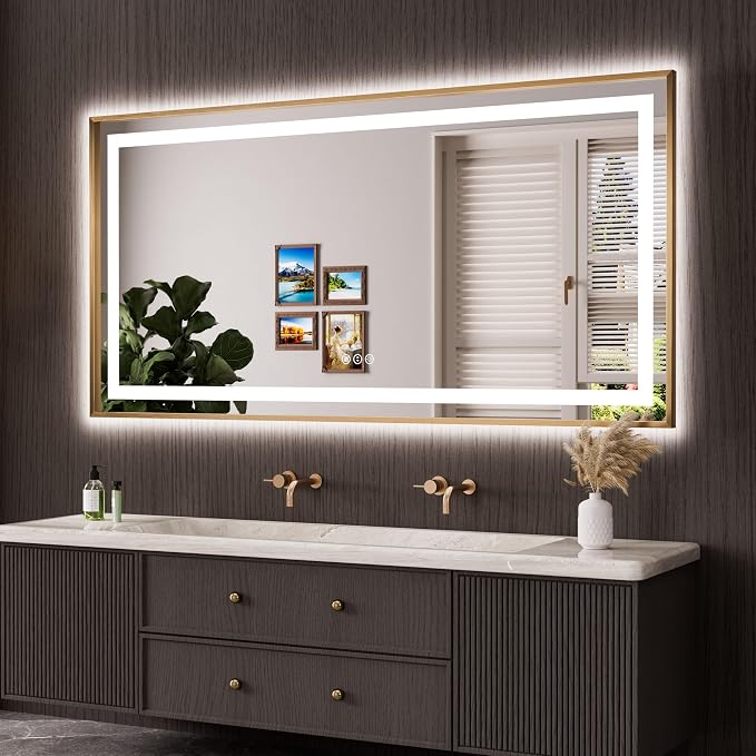 72"X36" LED Bathroom Mirror with Front Lit and Backlit(Brushed Gold) | Metal Framed Mirror, Stepless Dimmable, Anti-Fog, HD Reflection, Shatter-Proof, Memory, 3 Colors, Double LED Vanity Mirror.