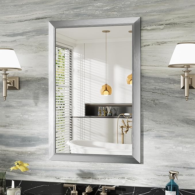 24x36 Inch Brushed Silver Bathroom Mirror for Wall, Thick Metal Framed Rectangle Mirrors for Over Sink, Bedroom, Living Room, Entryway, Anti-Rust, HD Tempered Glass