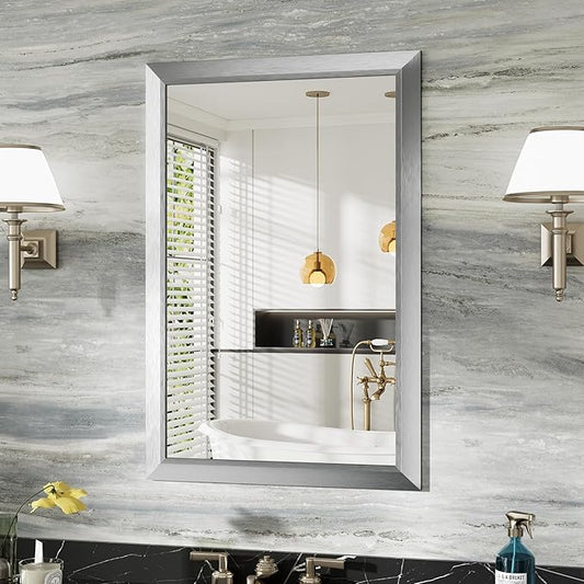 24x36 Inch Brushed Silver Bathroom Mirror for Wall, Thick Metal Framed Rectangle Mirrors for Over Sink, Bedroom, Living Room, Entryway, Anti-Rust, HD Tempered Glass
