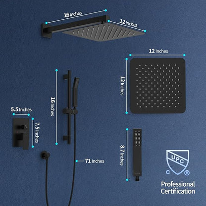 SR SUN RISE 12 Inch Slide Bar Shower Faucet Luxury High Pressure Shower Heads and Handheld Spray Combo Set Wall Mounted Shower System Included Valve and Trim Kit, Matte Black