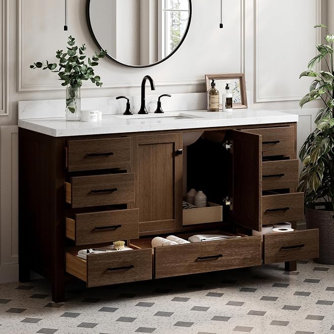 ARIEL Cambridge 60-inch Bathroom Vanity with Sink,Solid Wood, 1.5-inch Carrara White Quartz Countertop, Single Rectangular Porcelain Sink, 2 Soft Closing Doors, 9 Dovetail Drawers, Brown Oak