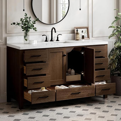 ARIEL Cambridge 60-inch Bathroom Vanity with Sink,Solid Wood, 1.5-inch Carrara White Quartz Countertop, Single Rectangular Porcelain Sink, 2 Soft Closing Doors, 9 Dovetail Drawers, Brown Oak