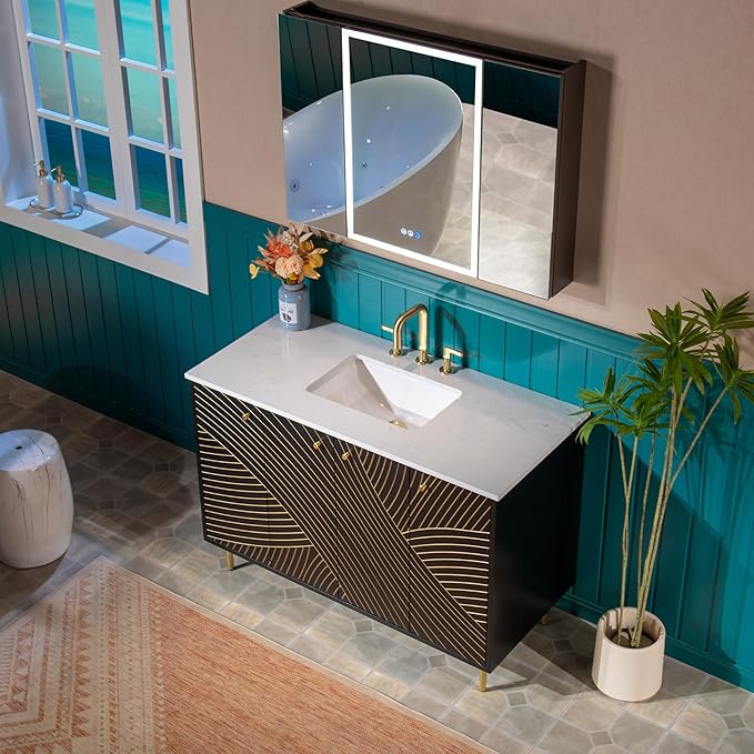 Woodbridge 48"x22" Bathroom Vanity with Single Ceramic Undermount Sink, White Engineered Stone Top, Hand-Painted Black & Gold Accents, Sleek Thin-Leg Frame, Space-Saving for Modern Living