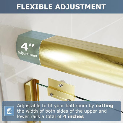 SUNNY SHOWER Double Sliding Glass Door 54" W x 72" H Shower Door 1/4" Tempered Glass Sliding Door Semi-Frameless Shower Glass Enclosure Bypass Walk in Shower Cabin, Brushed Gold