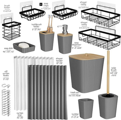 Clara Clark Bathroom Set, Shower Curtain Set and Shower Caddy Hanging | 25 Piece Grey Bathroom Accessories Set with Toothbrush Holder, Soap Dispenser, Soap Dish, Toilet Brush, and Trash Can