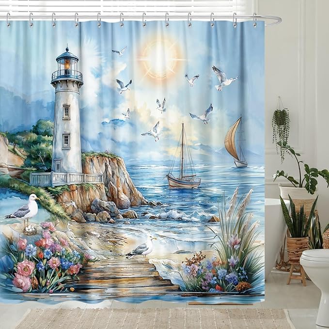 Nautical Coastal Lighthouse Shower Curtain, Boho Ocean Beach Lighthouse Seascape Beachy Abstract Shower Curtain Set, Seasides Sailboat Seagull Fabric Shower Curtain for Bathroom 12 Hooks, 72"×84" Blue