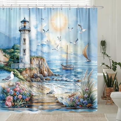 Nautical Coastal Lighthouse Shower Curtain, Boho Ocean Beach Lighthouse Seascape Beachy Abstract Shower Curtain Set, Seasides Sailboat Seagull Fabric Shower Curtain for Bathroom 10 Hooks, 60"×72" Blue