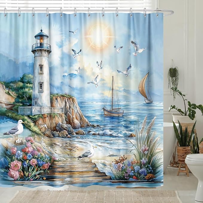 Nautical Coastal Lighthouse Shower Curtain, Boho Ocean Beach Lighthouse Seascape Beachy Abstract Shower Curtain Set, Seasides Sailboat Seagull Fabric Shower Curtain for Bathroom 12 Hooks, 72"×78" Blue