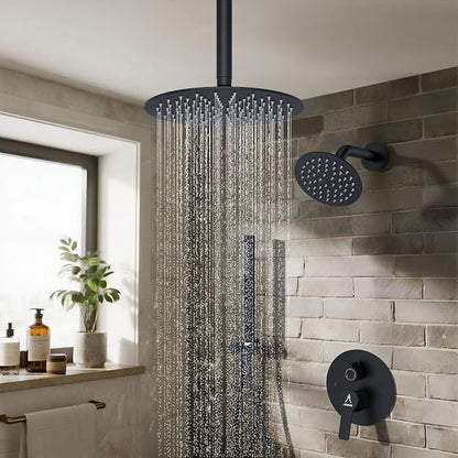 Shower System Shower Faucet Set Rainfall Shower Set with Valve 12+6" Dual Rain Shower Head with Handheld Ceiling Mount Wall Mount Shower Head Shower System, Matte Black