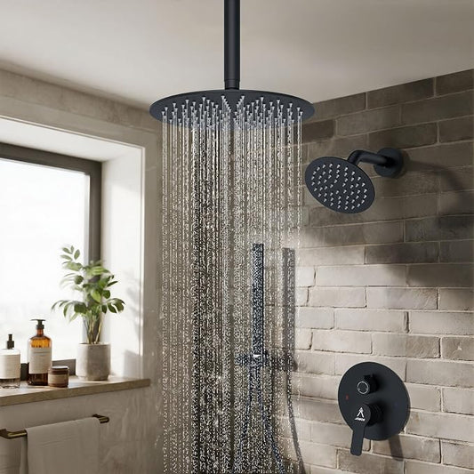 Shower System Shower Faucet Set Rainfall Shower Set with Valve 12+6" Dual Rain Shower Head with Handheld Ceiling Mount Wall Mount Shower Head Shower System, Matte Black