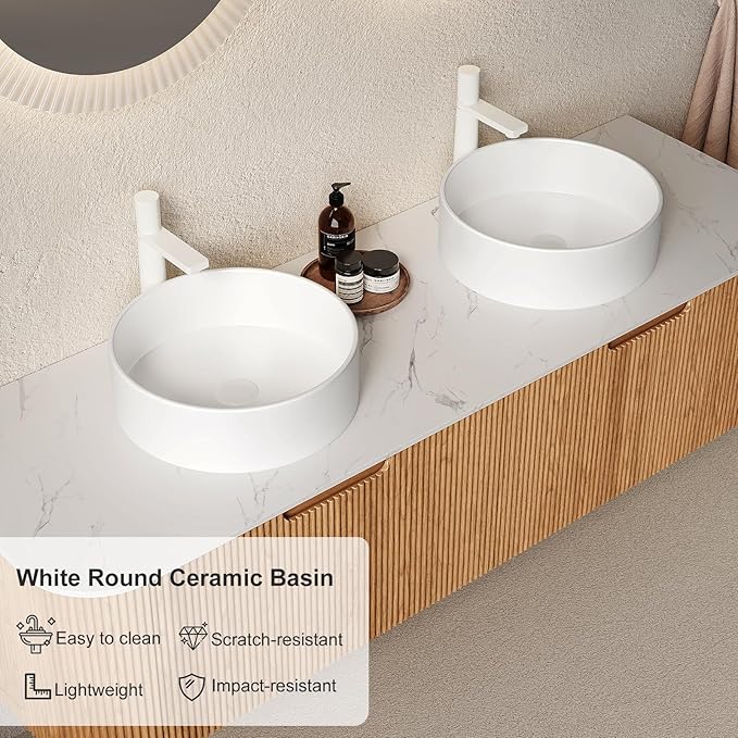 60" Bathroom Vanity with Double Sink, Floating Bathroom Vanities with Ultra-Thin Ceramic Basin and Marble Top, 2 Large Soft-Closing Storage Drawers, Pre-Assembled Cabinet, Nature Wood