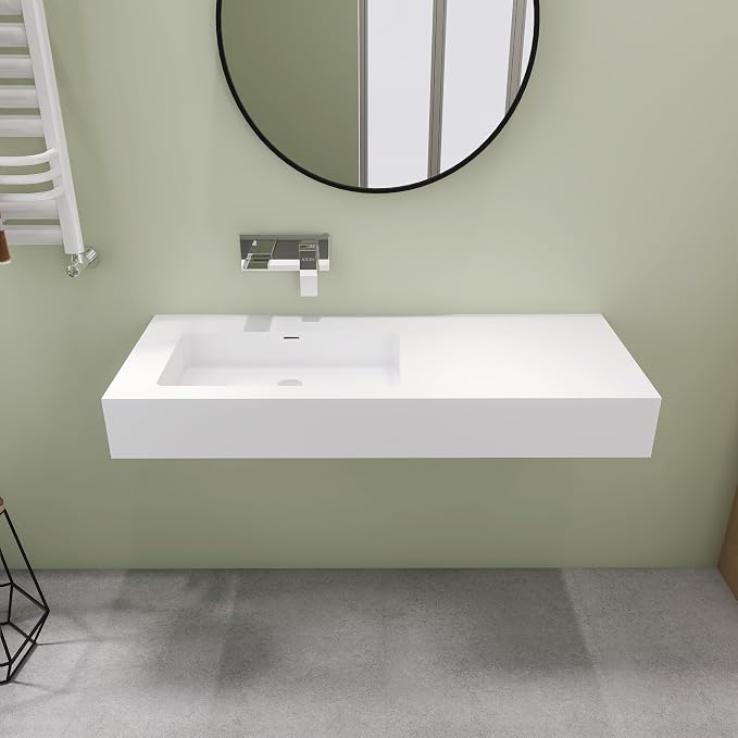 SJ STAR&JANE 47" x 19" Solid Surface Bathroom Single Vessel Sink, Wall Mounted Sink, Stone Resin Countertop With Single Bowl in Matte White Floating Vanity Sink Durable Modern Design