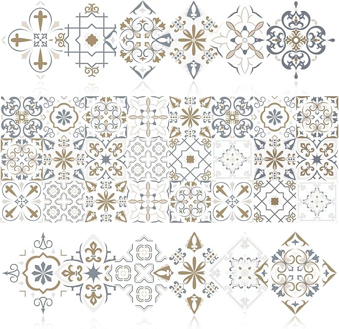 24 PCS Bohemian Floral PVC Peel and Stick Tile Stickers | for Kitchen Bathroom RV, Waterproof Self-Adhesive Removable Backsplash Decals, Easy DIY Upgrade, Smooth Surfaces, 5.91x5.91in