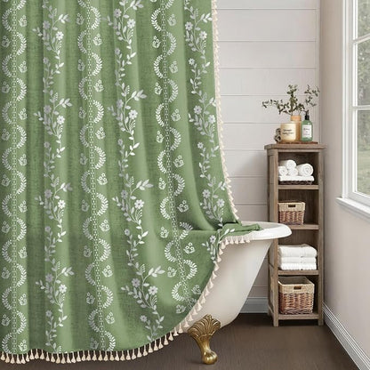 Boho Green Vintage Shower Curtain with Tassels 72 x 72 Inch | Bohemian Floral Linen Fabric Pattern Curtain Curtain For Bathroom