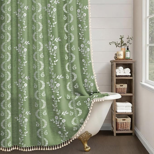 Boho Green Vintage Shower Curtain with Tassels 72 x 72 Inch | Bohemian Floral Linen Fabric Pattern Curtain Curtain For Bathroom