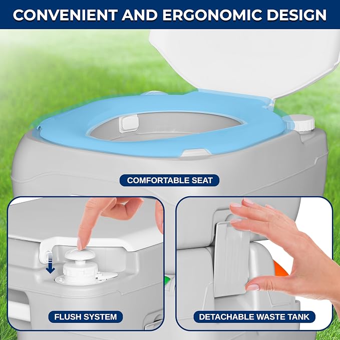 SereneLife 5.8 Gal Portable Camping Toilet with Carry Bag & Level Indicator | Self-Contained 5.8-Gal Waste Tank, Up To 100 Flushes, Leak-Resistant Design And Hand Sprayer For Camping, RVs And Boating