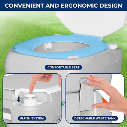 SereneLife 5.8 Gal Portable Camping Toilet with Carry Bag & Level Indicator | Self-Contained 5.8-Gal Waste Tank, Up To 100 Flushes, Leak-Resistant Design And Hand Sprayer For Camping, RVs And Boating